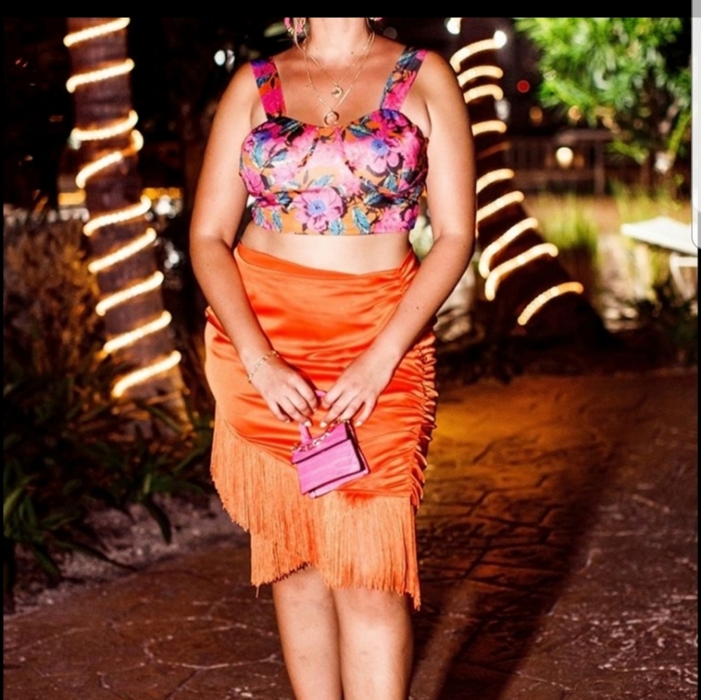 Two piece Orange and Pink Floral Skirt Set